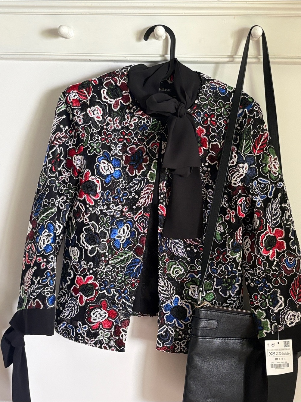 Zara Black Embroidered Floral Blazer with Tie Neck